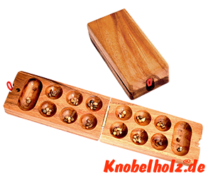 Kalaha afrikanisches Bohnenspiel als Reise Holzvariante in den Maßen 16,3 x 7,8 x 4,5 cm, mancala samanea wooden game