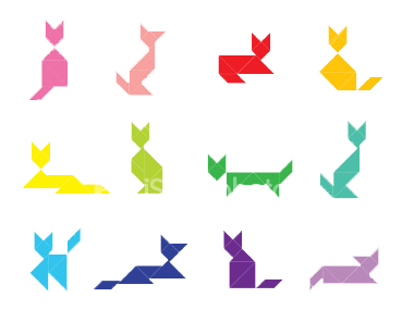 Tangram Figuren mit Hilfslinien zum puzzeln