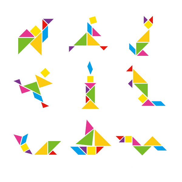 Tangram Figuren mit Hilfslinien zum puzzeln
