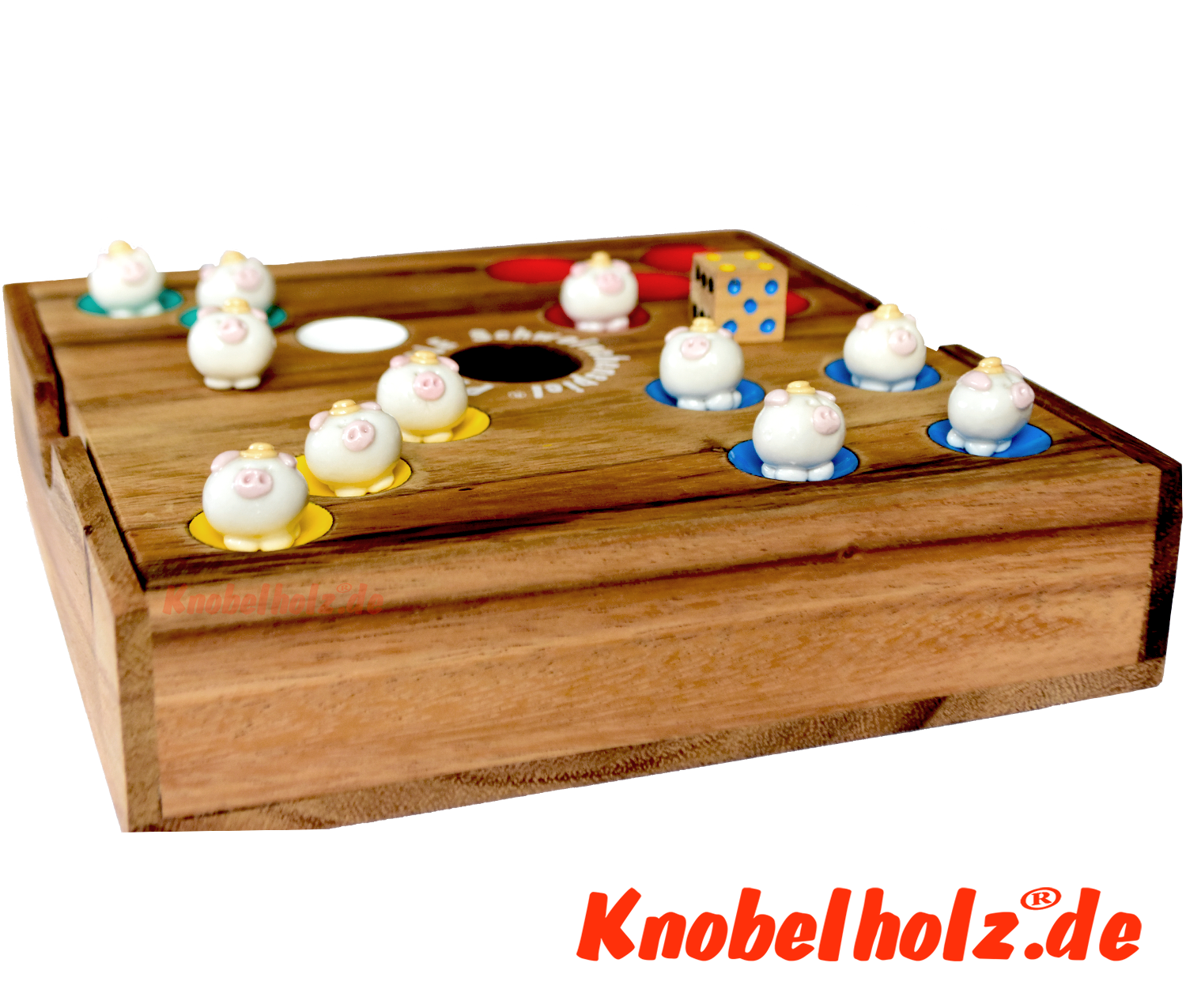 Pig Hole Schweinchenspiel, das Familien Würfelspiel in einer Holz Spielebox mit 60 Ferkelchen