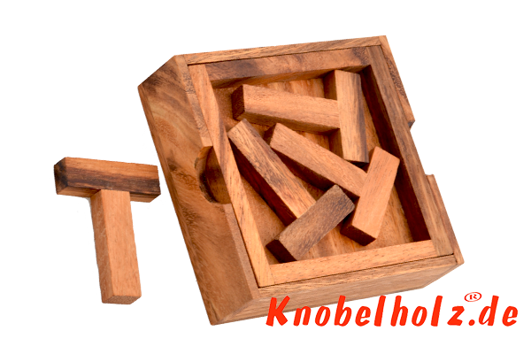 4 T Box geschicklichkeits Puzzle aus Holz in kleiner Holzbox in den Maßen 10,0 x 10,0 x 3,0 cm, monkey pod puzzle