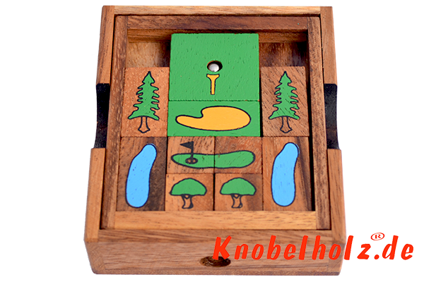 Khun Pan Golf, Escape Schiebespiel, in einer Holzbox tolles Schiebespiel für einen Spieler mit den Maßen 10,8 x 8,5 x 2,8 cm , khun pan golf ball samanea wooden game