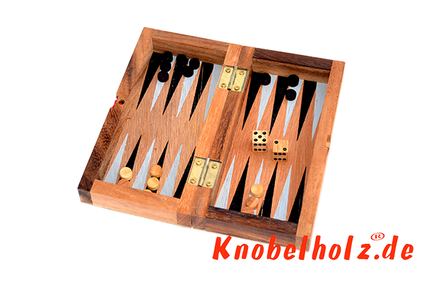 Backgammon Würfelspiel in der smal Reise Version in Samanea Holz Unterhaltungsspiel für 2 Spieler , Spielbrett mit den Maßen 9,2 x 17,8 x 3,8 cm