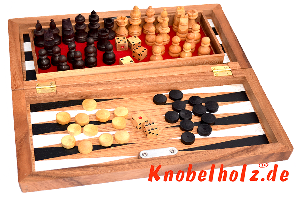 Backgammon mit Schach als Spielesammlung in einer Holzbox Strategiespiel und Würfelspiel mit den Maßen 15,2 x 30,0 x 8 cm