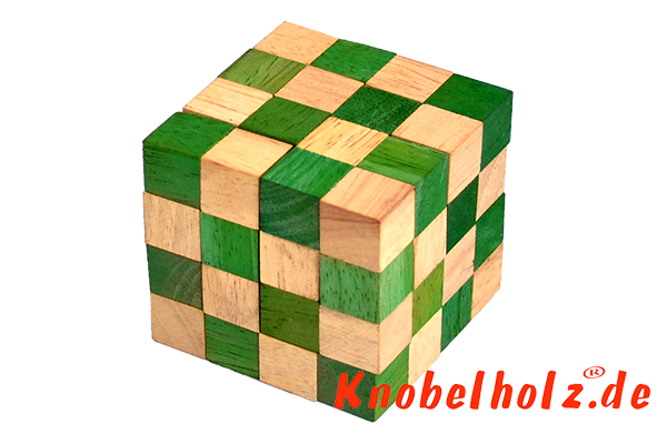 Cobra Cube grüner Schlangenwürfel 4x4x4 3D Puzzle für eine Person in den Maßen 6,0 x 6,0 x 6,0 cm, samanea wooden puzzle brain teaser