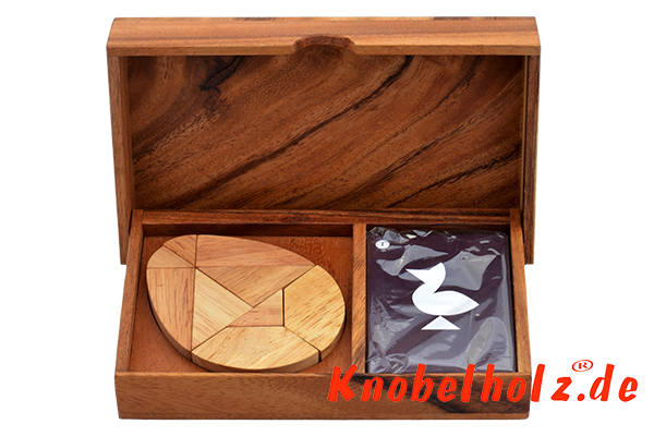 Ei Puzzle Box mit Karten Ei des Kolumbus Tangram aus Holz in den Maßen 18,5 x 14,3 x 3,5 cm, monkey pod puzzle