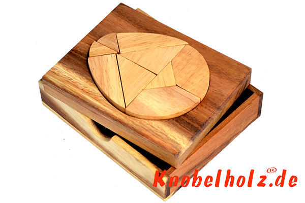 Ei Puzzle Box Ei des Kolumbus Tangram aus Holz in den Maßen 11,7 x 13,7 x 2,5 cm, monkey pod puzzle