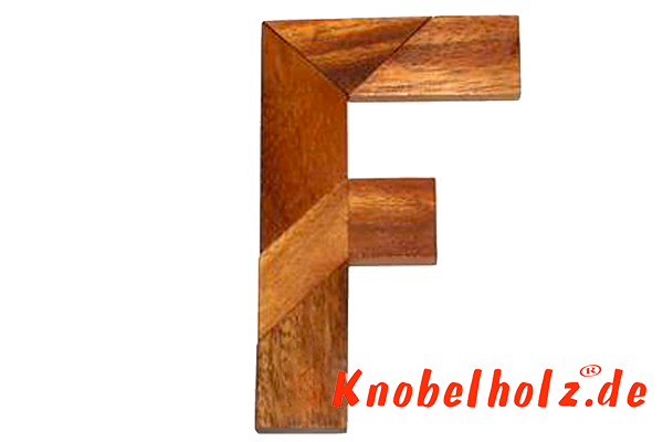 F Puzzle Buchstaben Holzpuzzle F Wooden Game Tangram mit 5 Holzteilen in den Maßen 7,6 x 6,8 x 2,0 cm, Monkey Pod brain teaser