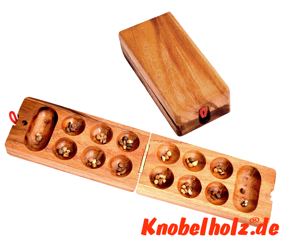 Kalaha afrikanisches Bohnenspiel als Reise Holzvariante in den Maßen 16,3 x 7,8 x 4,5 cm, mancala samanea wooden game