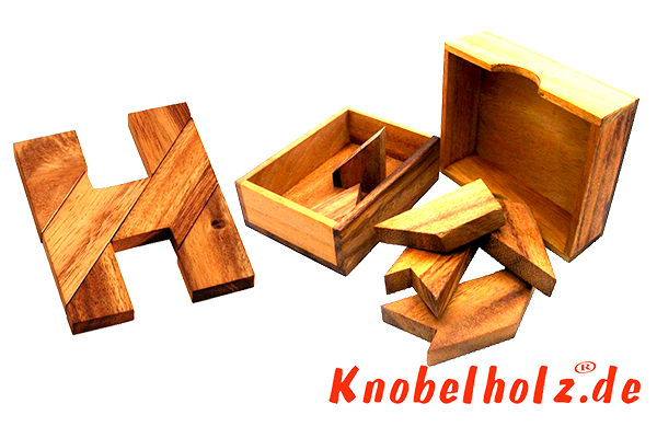 H Puzzle Box Buchstaben Holzpuzzle Wooden Game Tangram mit 6 Holzteilen in den Maßen 7,6 x 11,8 x 2,0 cm, samanea brain teaser