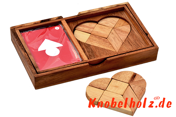 Heart Puzzle Battle Box mit Karten für das Herz Tangram Puzzle aus Holz in den Maßen 12,0 x 19,0 x 3,5 cm, monkey pod puzzle