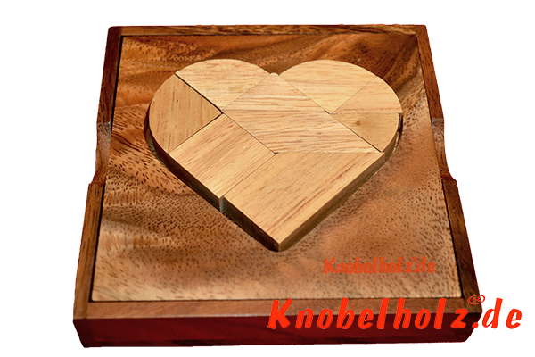 Heart Puzzle Box Ei des Kolumbus Tangram aus Holz in den Maßen 11,5 x 13,5 x 3,0 cm, monkey pod puzzle