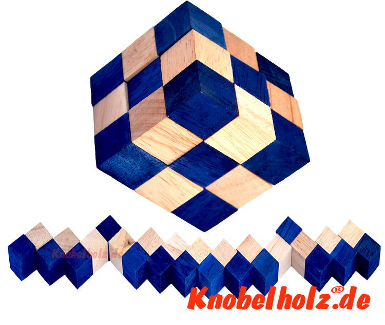 Snake Cube Blau Puzzle der Level Box aus Holz, einer der 6 Schlangenwürfel aus der Snake Cube Levelbox, eine Puzzle Sammlung die Würfelschlange in den Maßen 6,0 x  6,0 x 6,0 cm Samanea Holz, Monkey Pod