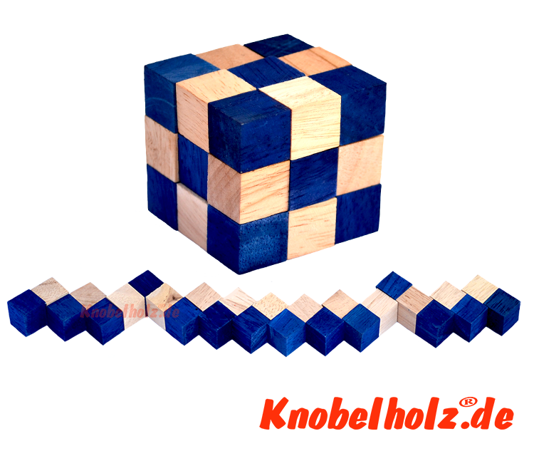 Snake Cube blue der level box aus Holz, einer der 6 Schlangenwürfel aus der Snake cube Levelbox Puzzle Sammlung in den Maßen 4,5 x  4,5 x 4,5 cm Cobra Cube Samanea Holz, Monkey Pod