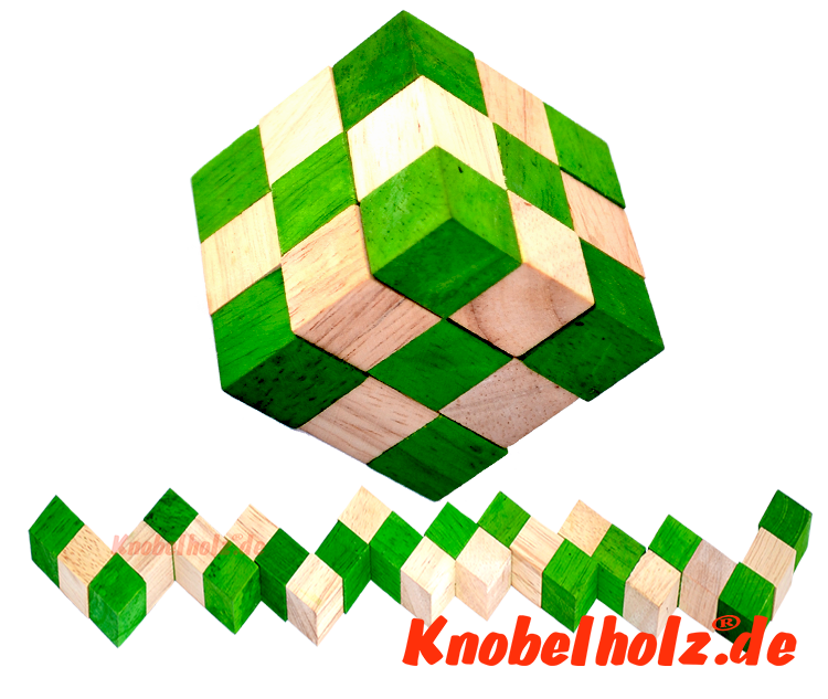 Snake Cube grün Puzzle der Level Box aus Holz, einer der 6 Schlangenwürfel aus der Snake Cube Levelbox, eine Puzzle Sammlung die Würfelschlange in den Maßen 6,0 x  6,0 x 6,0 cm Samanea Holz, Monkey Pod