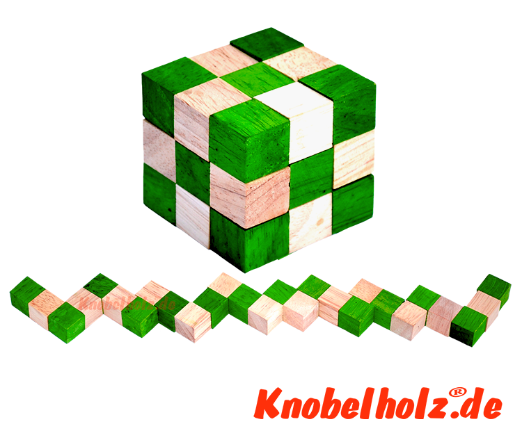 Snake Cube green der level box aus Holz, einer der 6 Schlangenwürfel aus der Snake cube Levelbox Puzzle Sammlung in den Maßen 4,5 x  4,5 x 4,5 cm Samanea Holz, Monkey Pod