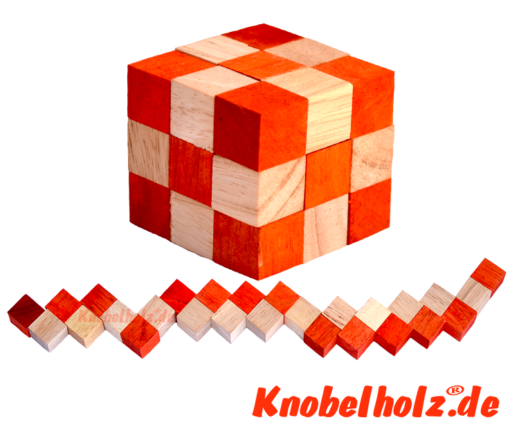 Snake Cube orange der level box aus Holz, einer der 6 Schlangenwürfel aus der Snake cube Levelbox Puzzle Sammlung in den Maßen 4,5 x  4,5 x 4,5 cm Cobra Cube Samanea Holz, Monkey Pod