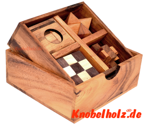Holzpuzzle Sammlung mit 4 Puzzle in einer Holzbox ais Samanea Holz Knobelspiele, Knobelbox