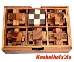 Holzpuzzle Knobelbox als Spielesammlung mit 6 Knobelspielen Crystal Cube, Snake Cube, Interlock Puzzle, Devils Knot, Teufelsknoten, Pen Up Puzzle, Brick Piuzzle