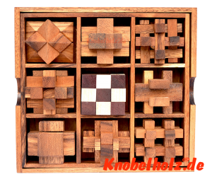 Holzpuzzle Knobelbox mit 9 Knobelspielen snake cube, brick puzzle, teufelsknoten, star puzzle, interlock puzzle