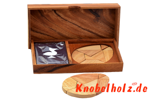 Ei Puzzle Battle Box mit Karten für das Ei des Kolumbus Tangram aus Holz in den Maßen 12,0 x 19,0 x 3,5 cm, monkey pod puzzle
