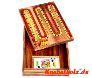 Cribbage Box mit Spielkarten für 2 Personen oder 2 Teams, Cribbage in Samanea Wooden Holz Box offen mit Kartenspiel