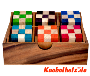 Snake Cube Level Box aus Holz mit 6 verschiedenen Schlangenwürfeln, die Würfelschlangen Sammelbox mit Maßen 19,5 x 13,0 x 7,5 cm samanea wooden puzzle, monkey pod