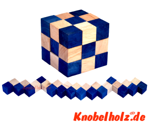 Snake Cube blue der level box aus Holz, einer der 6 Schlangenwürfel aus der Snake cube Levelbox Puzzle Sammlung in den Maßen 4,5 x  4,5 x 4,5 cm Cobra Cube Samanea Holz, Monkey Pod