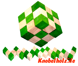 Snake Cube grün Puzzle der Level Box aus Holz, einer der 6 Schlangenwürfel aus der Snake Cube Levelbox, eine Puzzle Sammlung die Würfelschlange in den Maßen 6,0 x  6,0 x 6,0 cm Samanea Holz, Monkey Pod