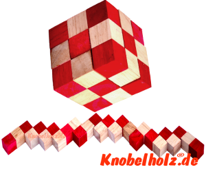 Snake Cube Rot Puzzle der Level Box aus Holz, einer der 6 Schlangenwürfel aus der Snake Cube Levelbox, eine Puzzle Sammlung die Würfelschlange in den Maßen 6,0 x  6,0 x 6,0 cm Samanea Holz, Monkey Pod