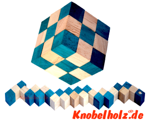 Snake Cube Turkis Puzzle der Level Box aus Holz, einer der 6 Schlangenwürfel aus der Snake Cube Levelbox, eine Puzzle Sammlung die Würfelschlange in den Maßen 6,0 x  6,0 x 6,0 cm Samanea Holz, Monkey Pod