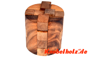 Round Cube medium Holzpuzzle 3D Zylinder Puzzle mit mehreren Holzteilen, IQ Puzzle, Geduld Puzzle, Denkspiel in den Maßen 6,0 x 6,0 x 6,5 cm, monkey pod teaser