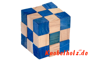 Snake Cube Schlangenwürfel Blau 3D Puzzle für einen Spieler in den Maßen 4,5 x 4,5 x 4,5 cm, samanea wooden puzzle brain teaser
