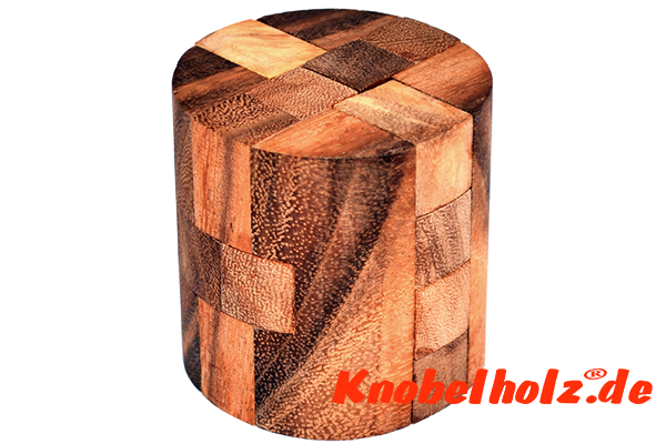 Round Cube large Holzpuzzle 3D Zylinder Puzzle mit mehreren Holzteilen, IQ Puzzle, Geduld Puzzle, Denkspiel in den Maßen 6,5 x 6,5 x 7,0 cm, monkey pod teaser